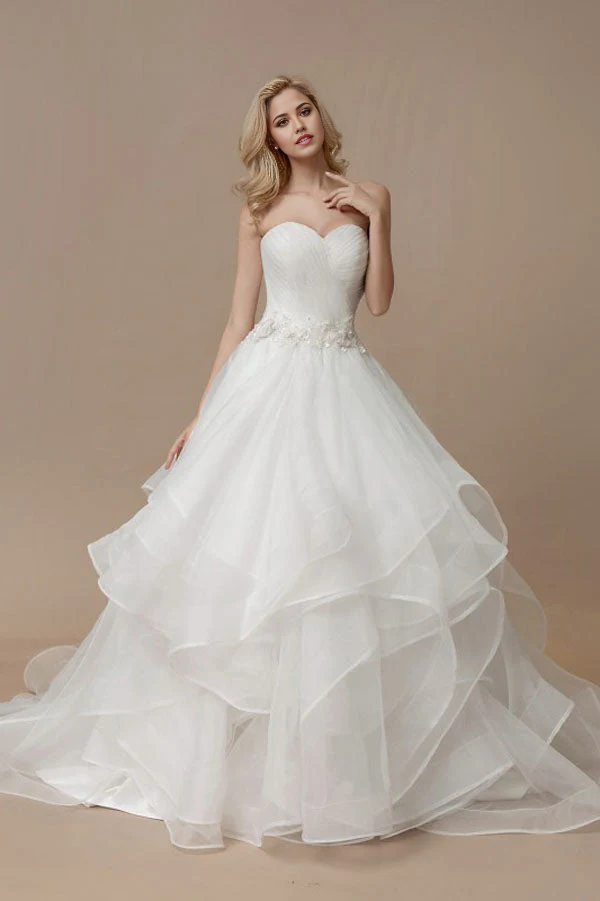 Vestidos de novia con corte en A, escote corazón, sin mangas, volantes, cola corte, vestido de novia
